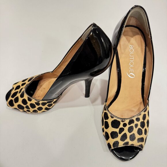 Boutique 9 Animal Print Black Open Toe Pumps - Size 8 - Excellent Condition - Picture 2 of 10